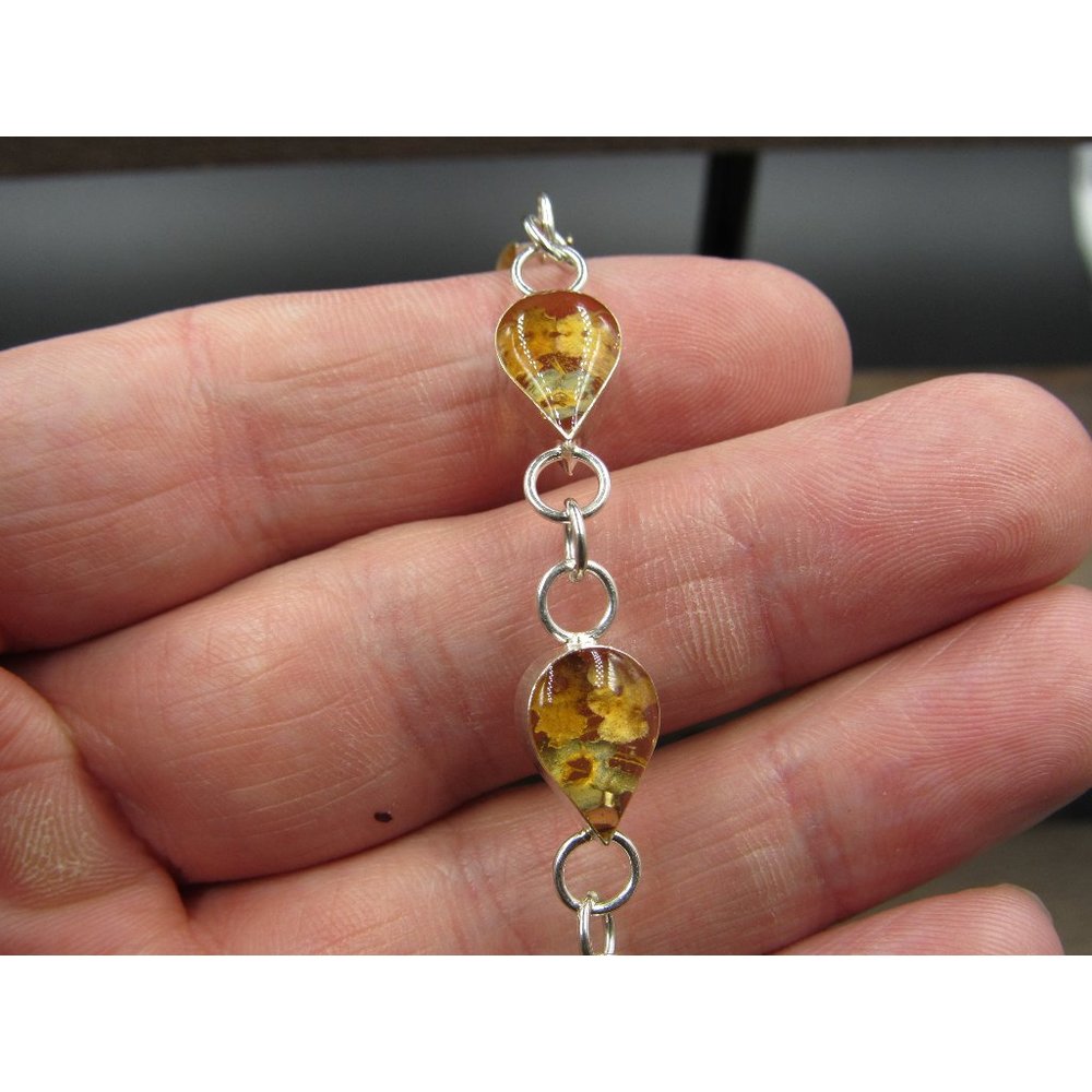 8" Sterling Silver Yellow Flower Resin Bracelet Vintage Elegant Beautiful